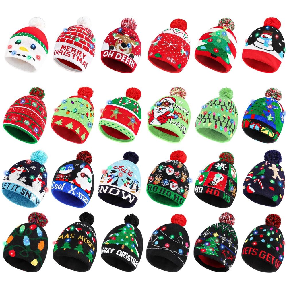 2981 24 Pack Light Up Christmas Hat, Christmas Knitted Beanie Hat, Cute